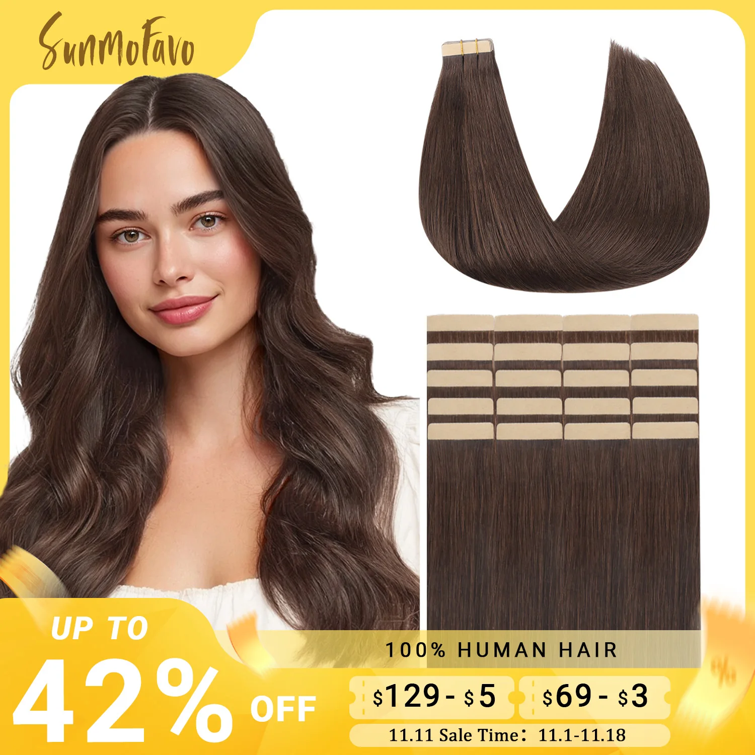 Sunmofavo Tape In Remy Human Hair Extensions Thick Silky Straight Natural Brown Invisible Tape 20Pcs Salon Grade For Women
