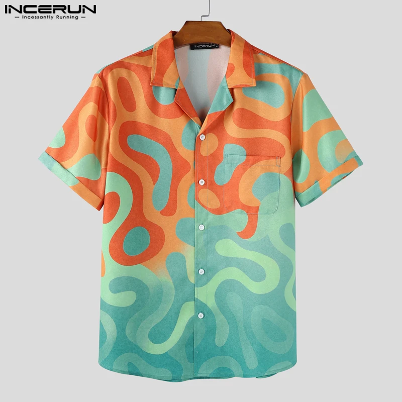 

INCERUN Мужская рубашка с цветными блоками и лацканами с короткими рукавами и пуговицами, летние мужские топы 2021, модная мужская одежда для отпуска, уличная одежда