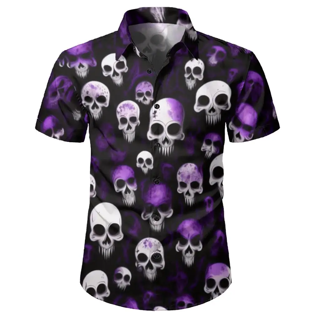 Chemise hawaïenne à manches courtes pour hommes, impression tête de mort 3D, rétro, décontracté, été, asymétrique, revers, Y-2024