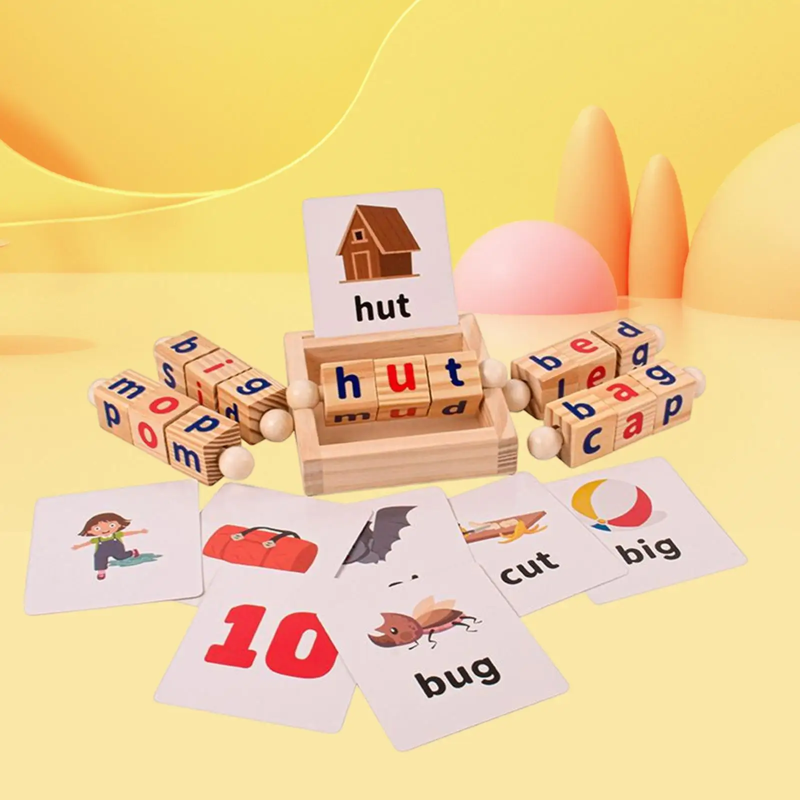 Houten Leesblokken Flash Cards Spelling Games Roterende Bijpassende Letters Speelgoed