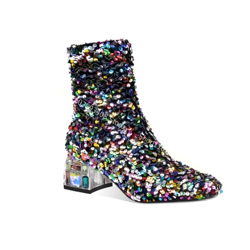 

Mixed Color Sequined Cloth Crystal Decor Boots Strange Style Heels Slip on Women Spring Shoes Fashion Shoes Zapatillas Mujer