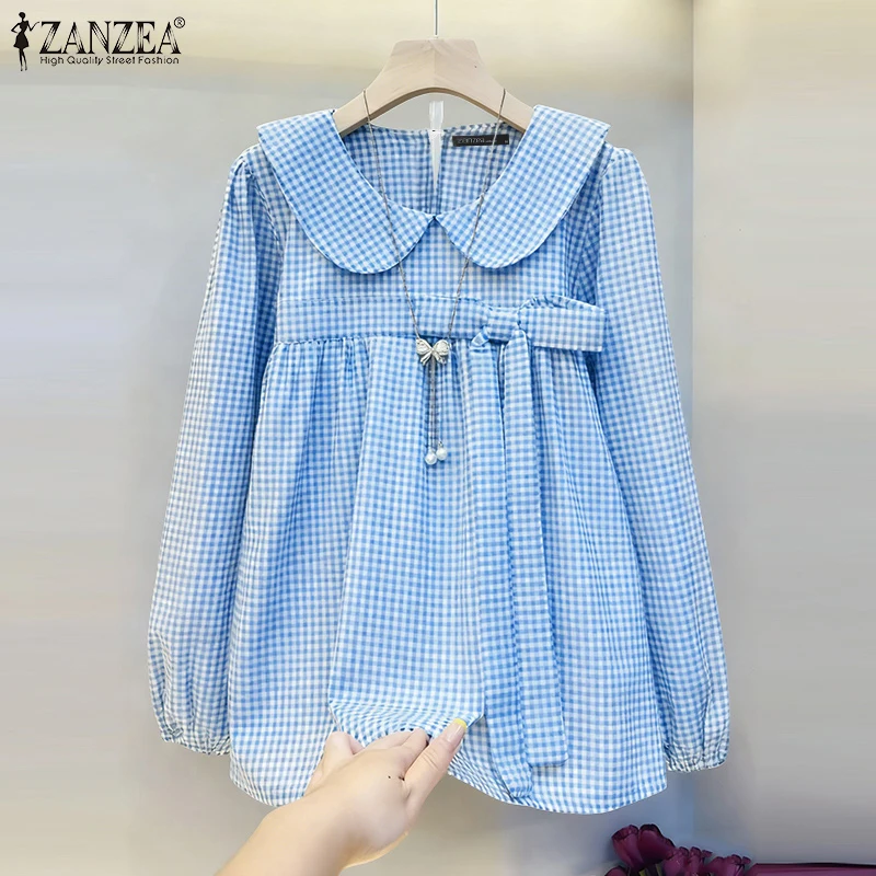 ZANZEA Fashion Women's Blouse Long Sleeve Peter Pan Collar Plaid Tops Autumn Spring Checked Shirts 2025 Casual Loose Blusas
