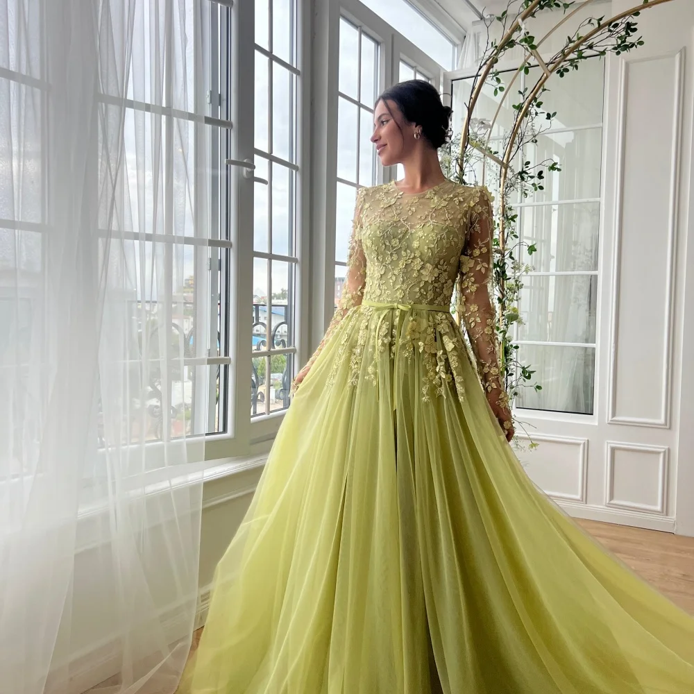 Amanda Customized Green Flowers Embroidery robes de soirée Mesh Fabric Long Sleeves Evening Dresses Floor-Length Wedding Dress