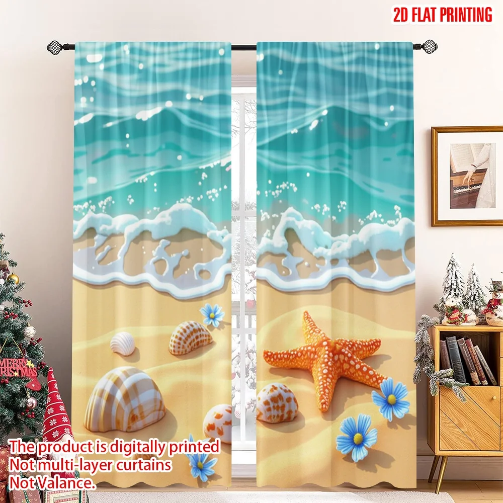 2pcs 2D flat printing Curtain Starfish Shells Beach Tropical Ocean Digital Printed Polyester Drapes Festive Holiday Use for Door