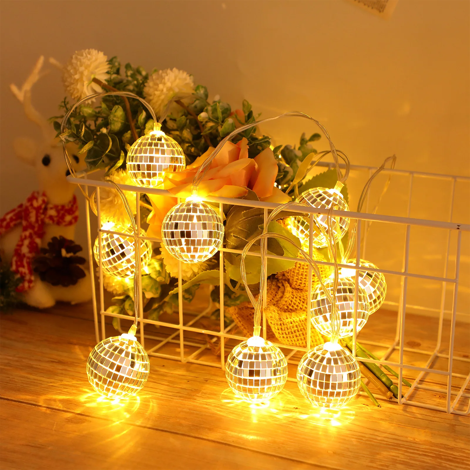 1Set Spiegel Ball LED Disco String Licht Glas Dekorative Party Hängen Licht Weihnachten Baum Wand Fenster Dekoration