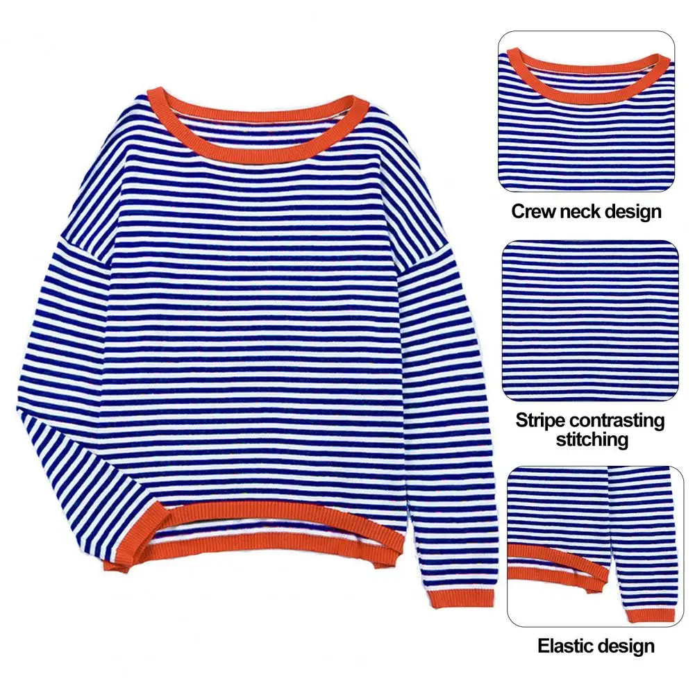 Casual Loose Fit Sweater Stylish Women's Lightweight Knitted Sweater Crew Neck Long Sleeve Striped Contrast Color for Autumn