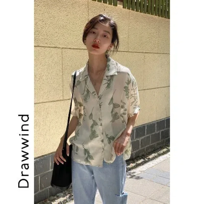 Vintage Short Sleeve Blouse Summer New Polo Neck Printing Loose All-match Youth Trend Shirt Tops Casual Fashion Women Clothing