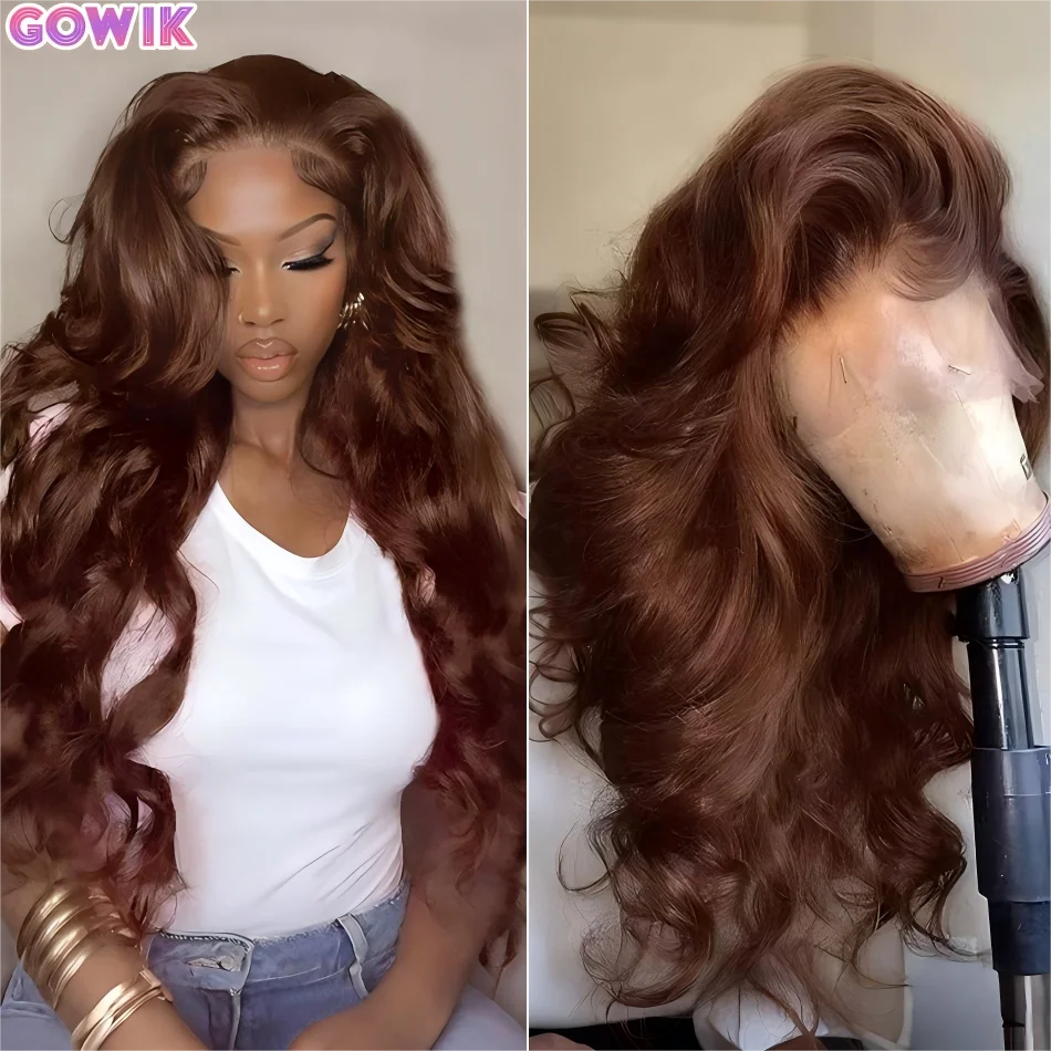 

Chocolate Brown Human Hair Wig 13X6 Lace Frontal Wig Body Wave Transparent Lace Front Wig Colored 250 Density 30 Inch For Women