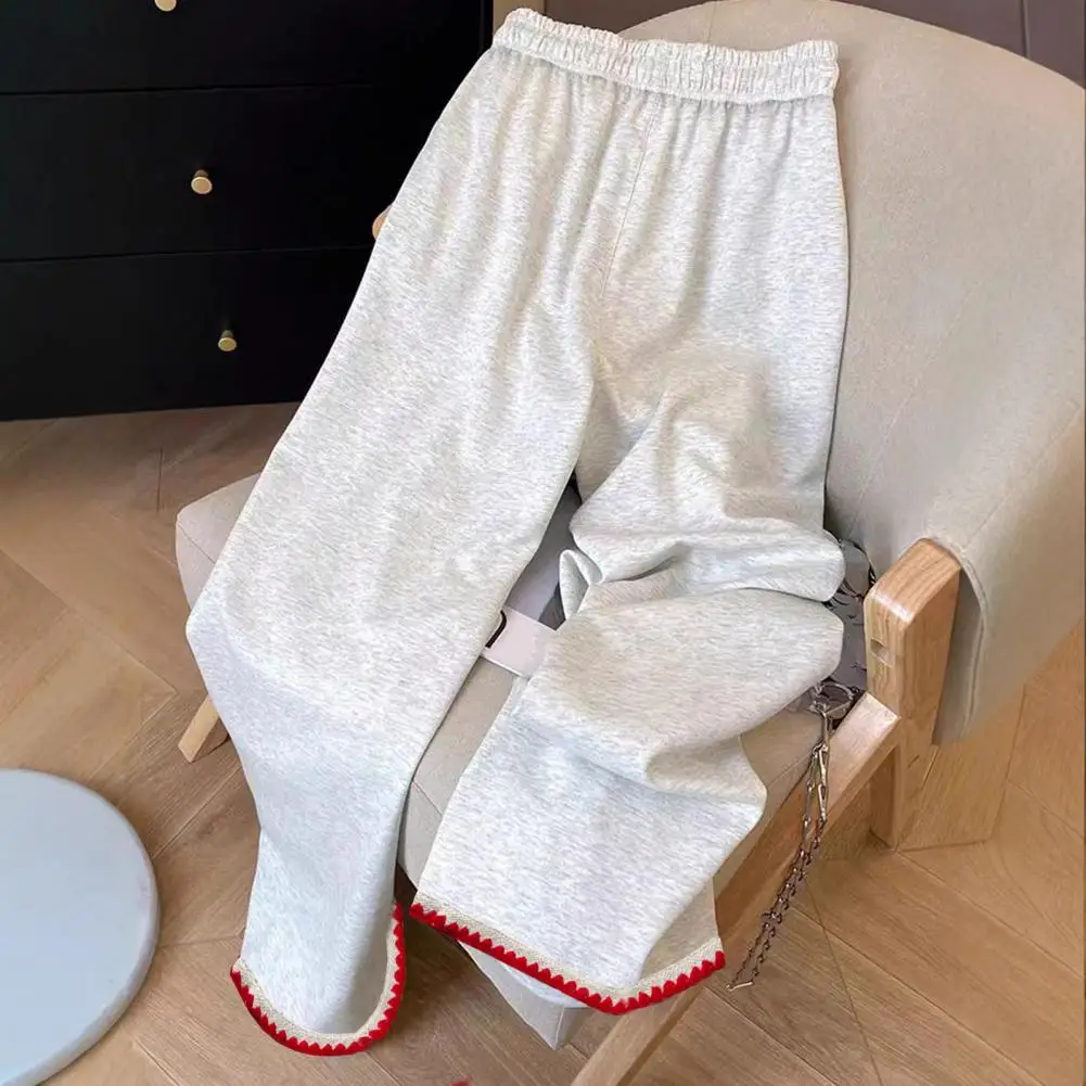 Soft Pants Breathable Fabric Pants Women’s High Waist Elastic Pants with Pockets Zigzag Embroidery Trousers Contrast Color