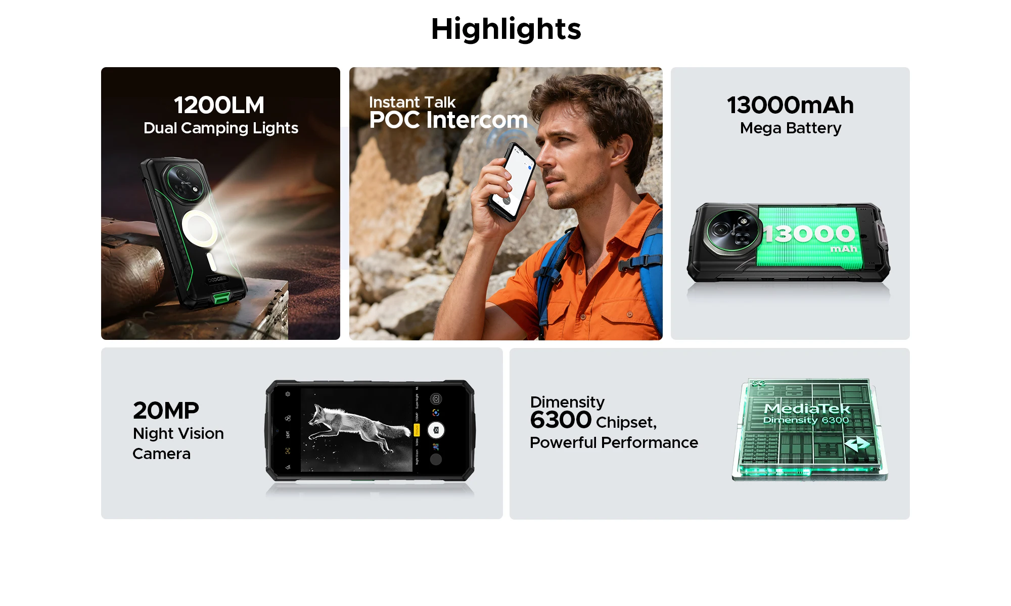DOOGEE Fire 7 Pro Rugged Phone Dual Camping Lights Support Push-to-Talk Over Cellular 13000mAh Battery Android 15 Smartphone