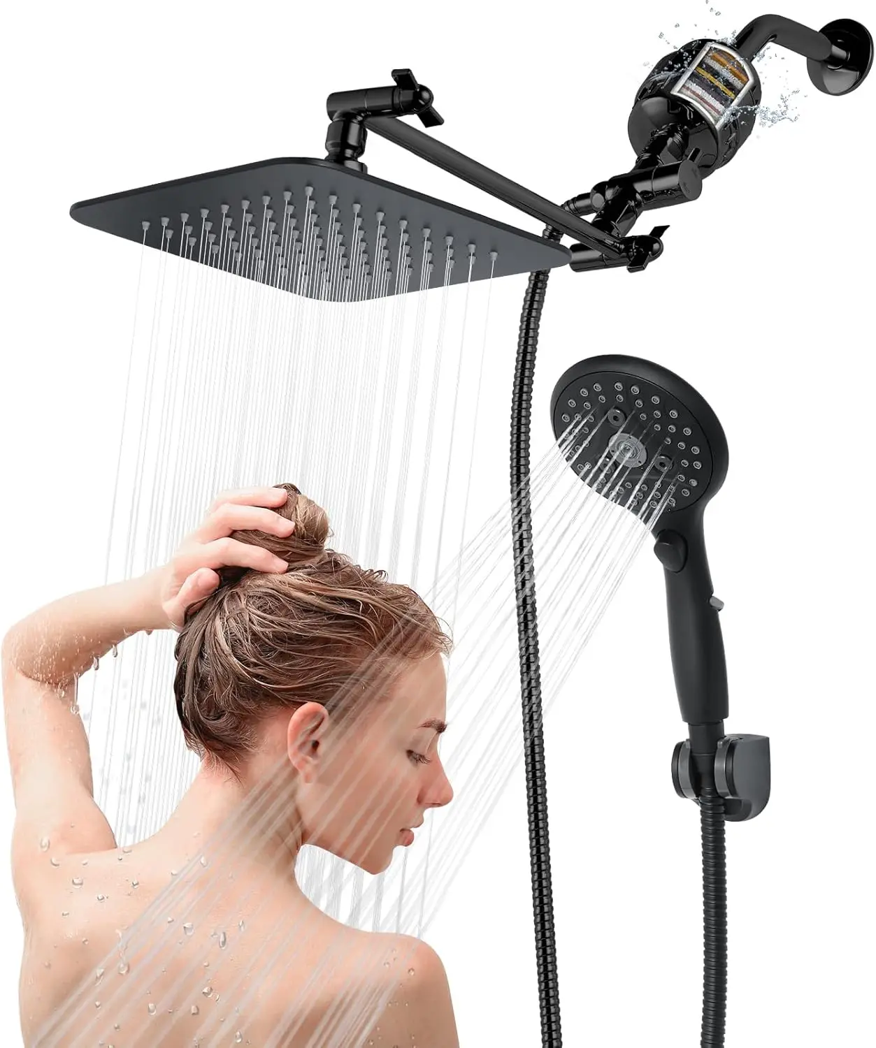 

8'' Dual Shower Head with 20-Stage Filter, Handheld, 6 Spray Settings, High Pressure Rainfall, Adjustable Arm