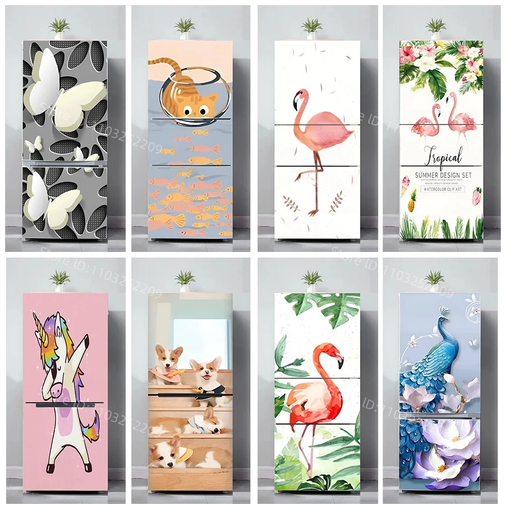 

Cartoon Animals Flamingo Printed Tropical Fridge Door Cover Mural 3D Realistic Peacock Kitchen Wallpaper Home Decorative sticker