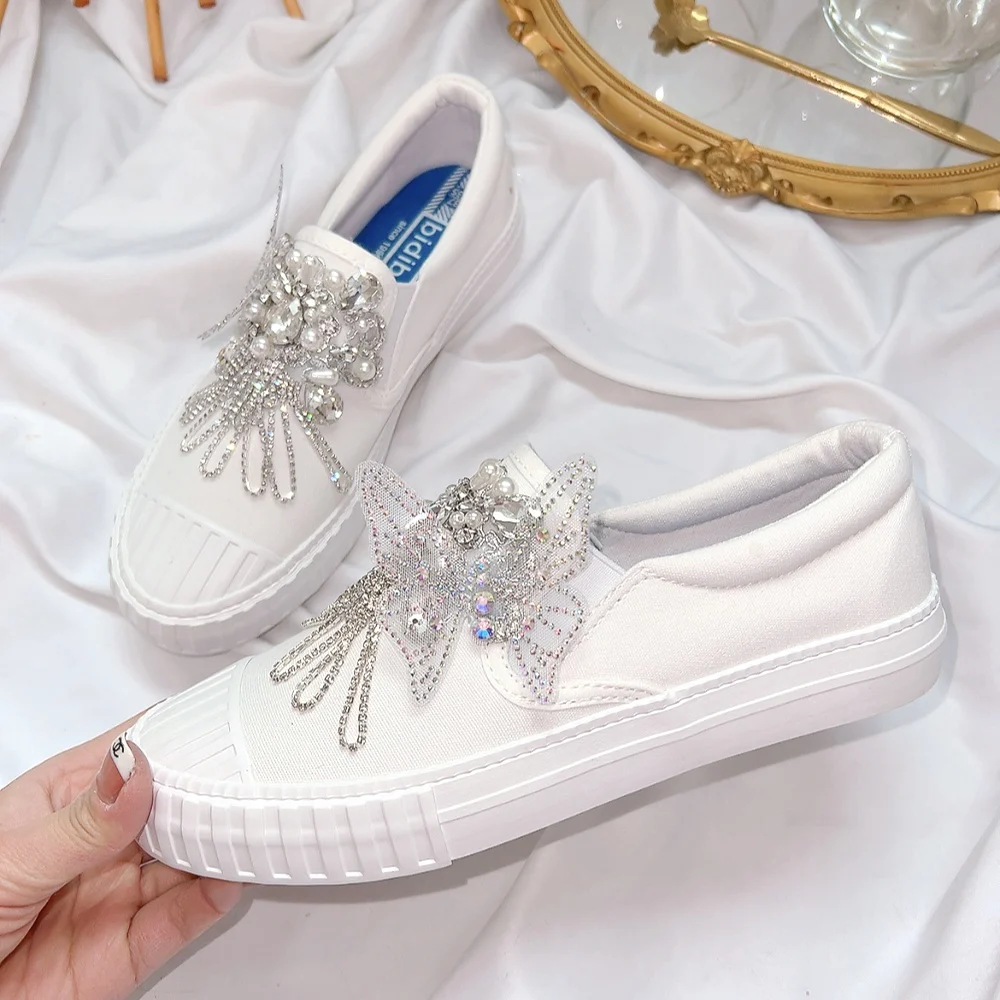 2023 Spring Women's Canvas Shoes Bling Rhinestones Student Sneakers White Girls Skateboard Tennis Sport Vulcanized Shoes Female