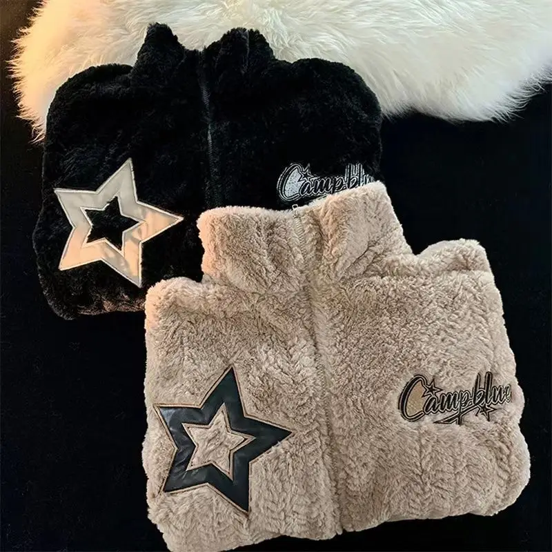 American retro pentagram embroidery fuzzy couple loose ins wind thickening cotton-padded jacket winter coat jaqueta feminina