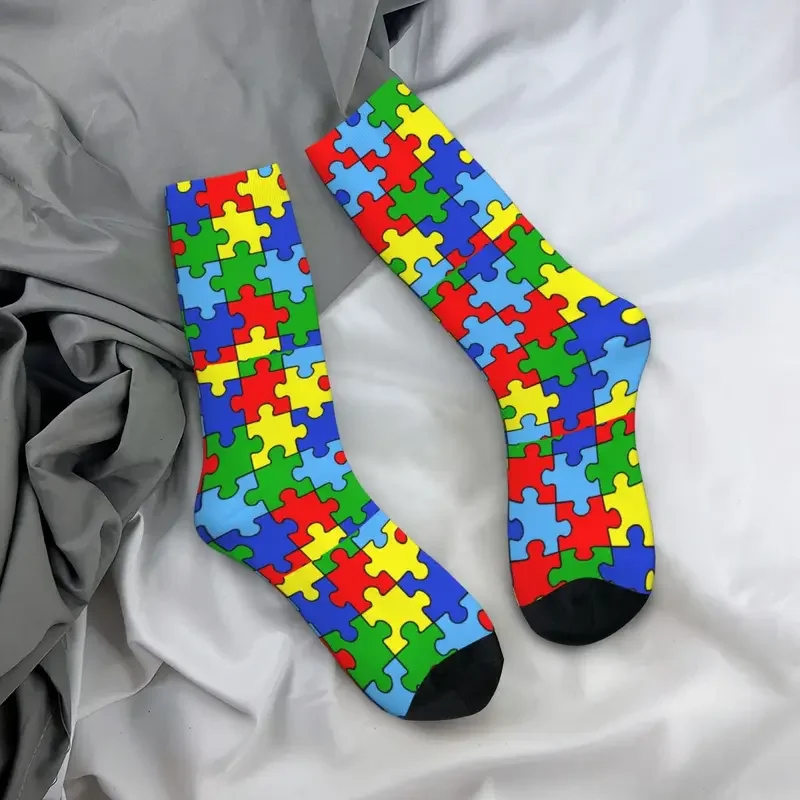 Y2K Autumn Winter Crazy Design Men'S Women'S Autism Puzzle Pieces Ribbon Awareness Breathable Basketball Socks