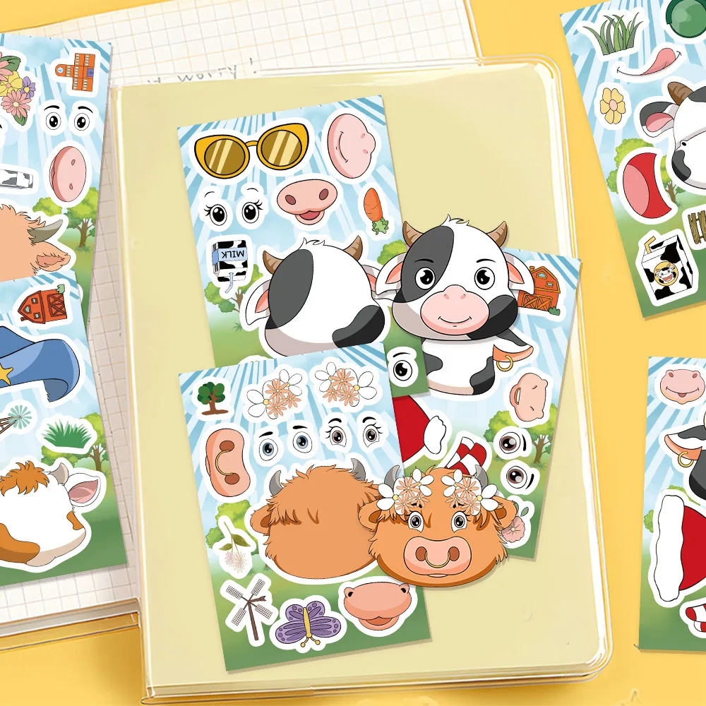 8 pièces dessin animé petite vache visage collier à langer mignon créatif bricolage manuel coque de téléphone tablette étiquette autocollants imperméables