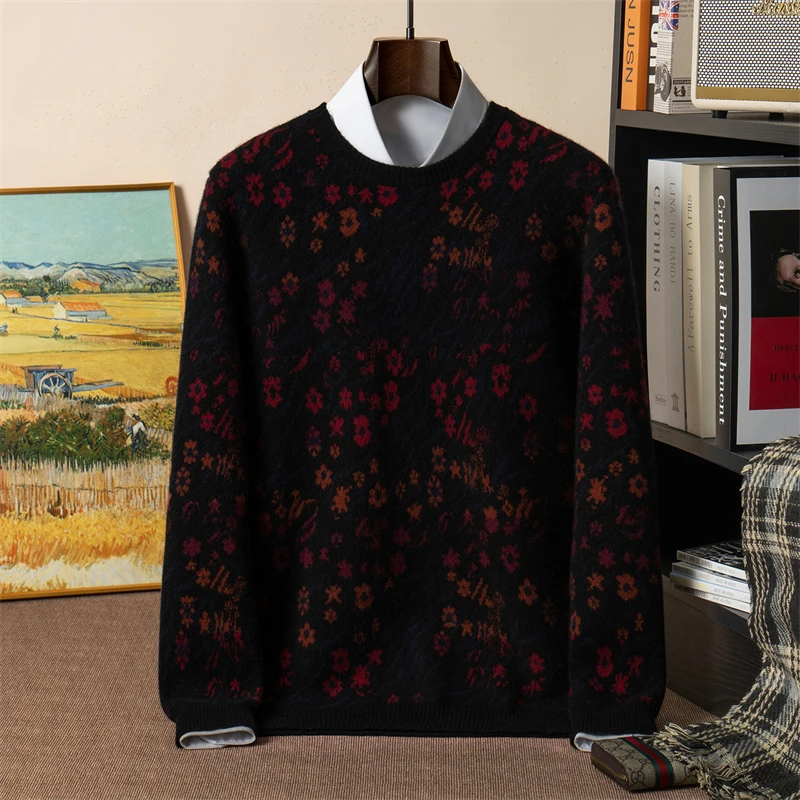 

Trendy 100% Pure Cashmere Sweater Men's Sweater Four-Sided Air Layer Round Neck Loose Knitwear Jacquard Base Layer Outerwear