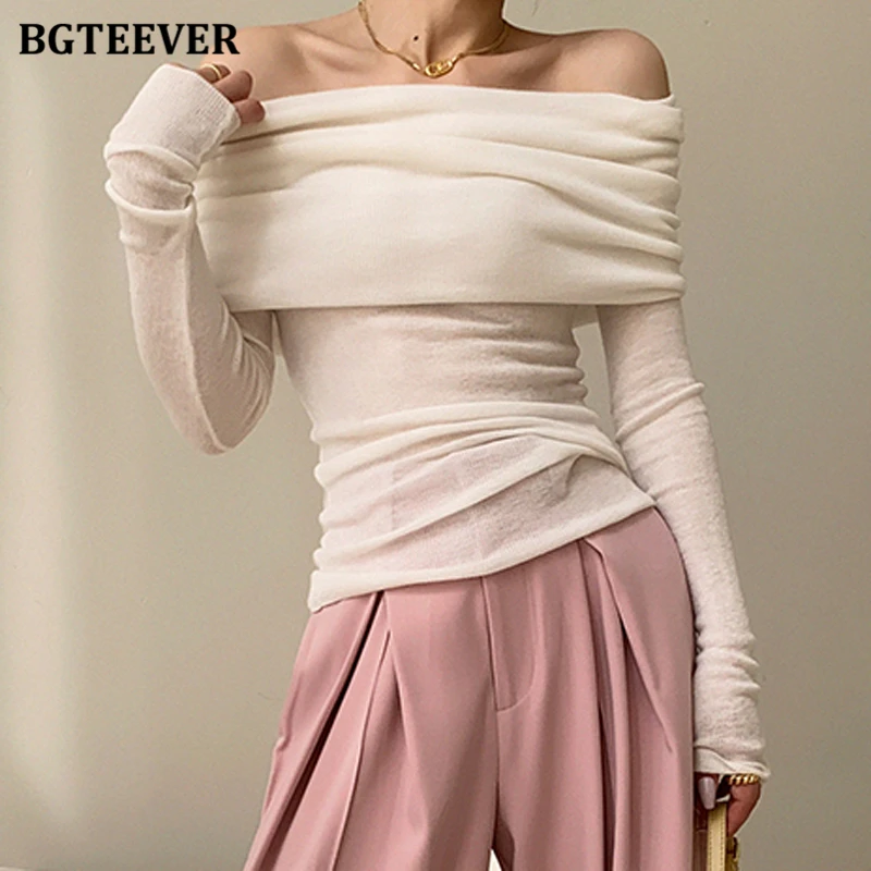 BGTEEVER Elegant Slash Neck Ladies Pullovers Sweaters Autumn Winter Slim Full Sleeve Women Knitted Jumpers Female Knitwear