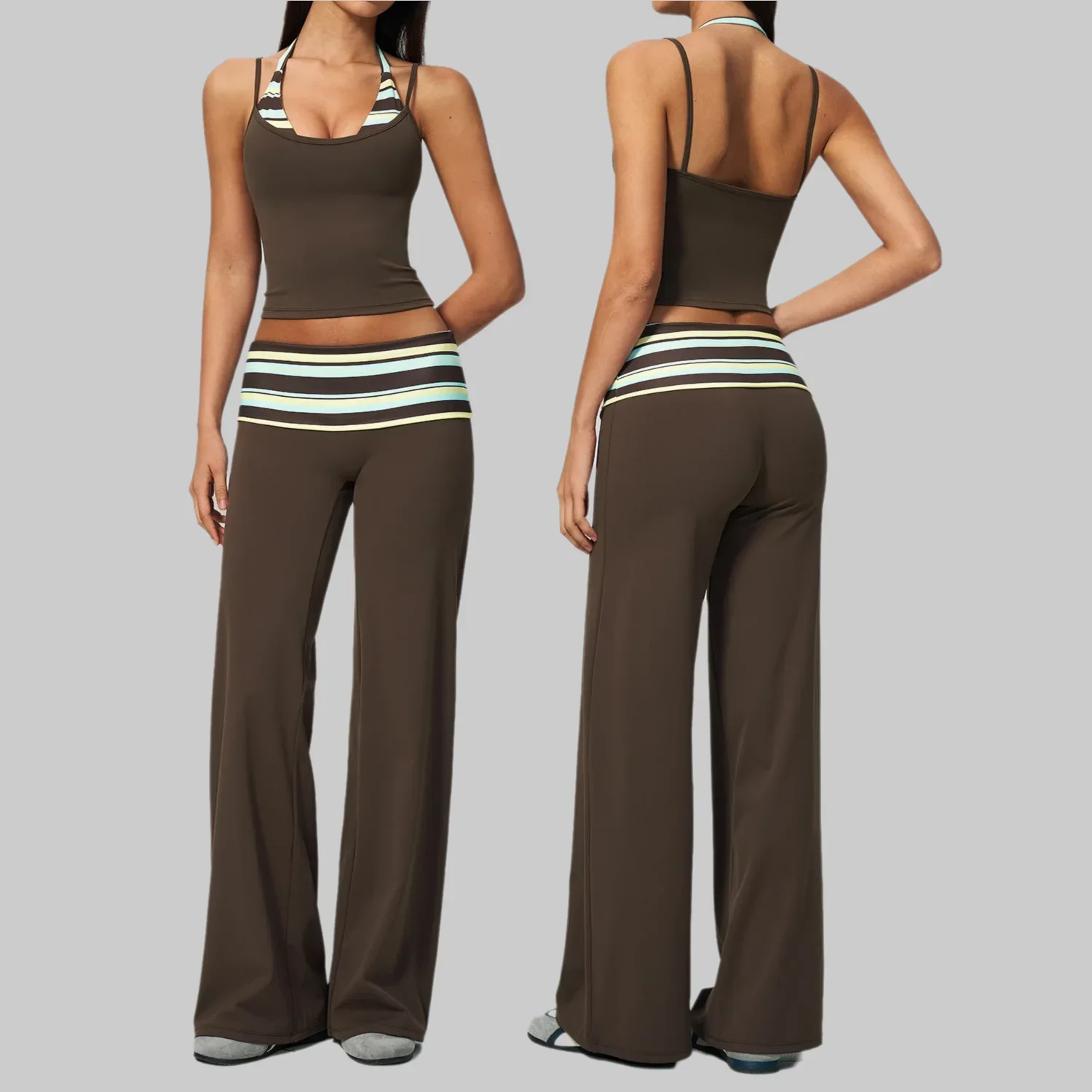 New Women Brushed Polka Dot Fake Two Piece Yoga Set Fold Over Waistband Moisture Wicking Scrunch Butt Gym Outfit