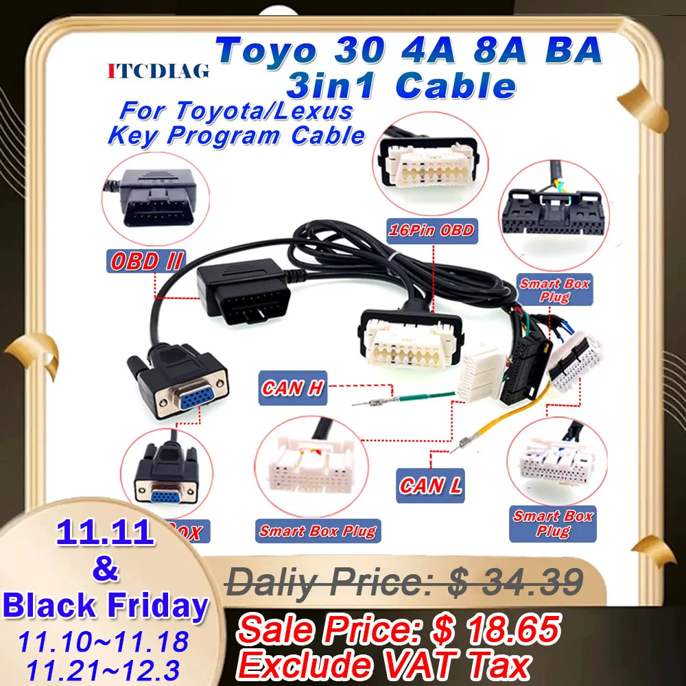 Toyo 30 Cable 4A 8A BA 3in1 Connector Smart Key Cable 16pin OBD Cable for OBDSTAR K518 Xhorse Key Tool Plus for Toyota / Lexus