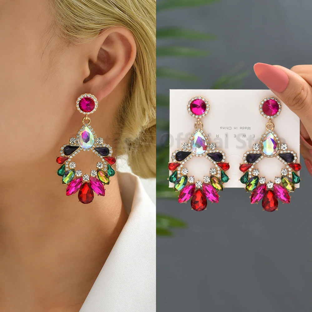 Colorful Series Shiny Rhinestone Big Stud Earrings For Women 2025 Trend Luxury Round Fashion Jewelry Girl Party Accessories Gift