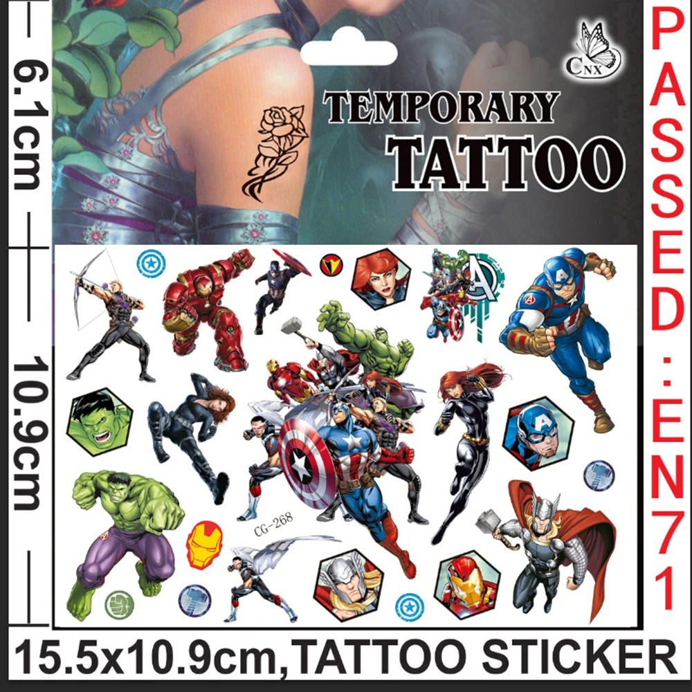 Disney The Avengers Tattoo Stickers Captain America Iron Man Hulk Children Temporary Tattoos Body Art Kids Toys Birthday Party