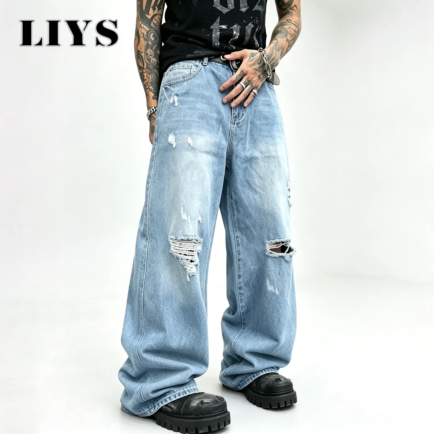 LIYS American Retro Light Blue Baggy Wide Leg Ripped Jeans Men Women Unisex Street Spring Summer Straight Ripped Denim Pants