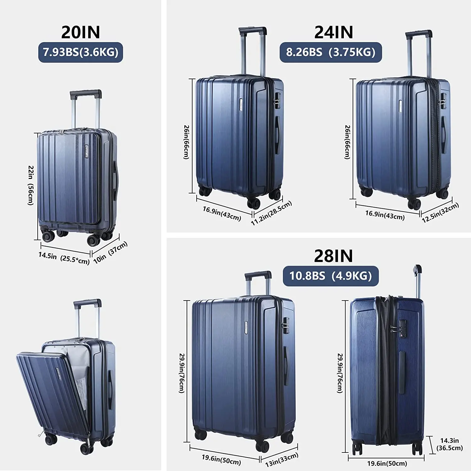 Bagageset 3 Delig 21/24/28 Voorste Laptopzak & Uitbreidbare Abs + Pc Lichtgewicht Hardshell Koffer Spinner Wielen Tsa Lock Blue