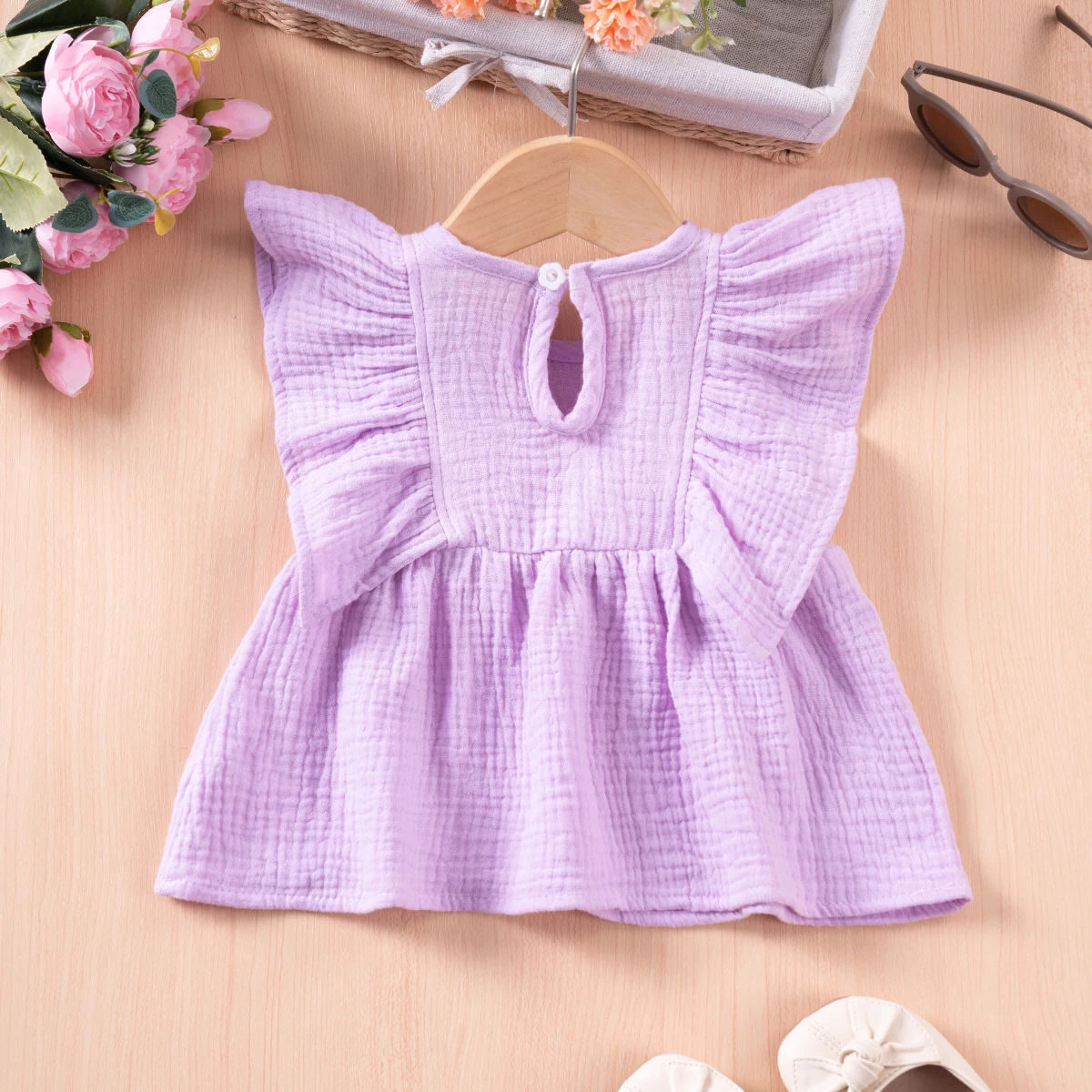 Summer Young Girls Vest Baby Solid Colour Small Fly Sleeve Top Casual Round Neck Breathable Sweet Three Colours To Choose From