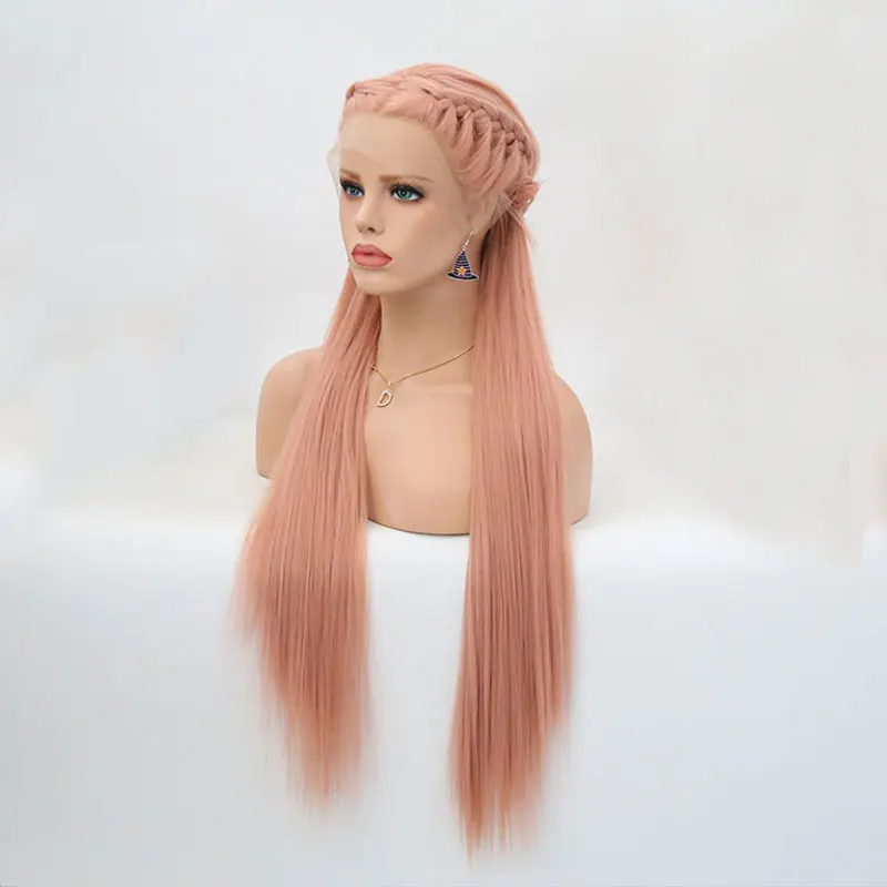 Peach Pink Straight Synthetic 13x4 Lace Front Wigs Braided High Quality Heat Resistant Fiber Hair Middle Parting For Black Women