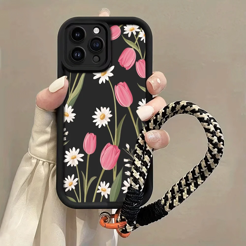 Tulip Daisy Strap Rope Handyhülle für iPhone 12 13 14 15 16 17 ProMax 15 14 13 Pro Plus 16 17 E Stoßfeste Matte Silikonhülle – Detail 3