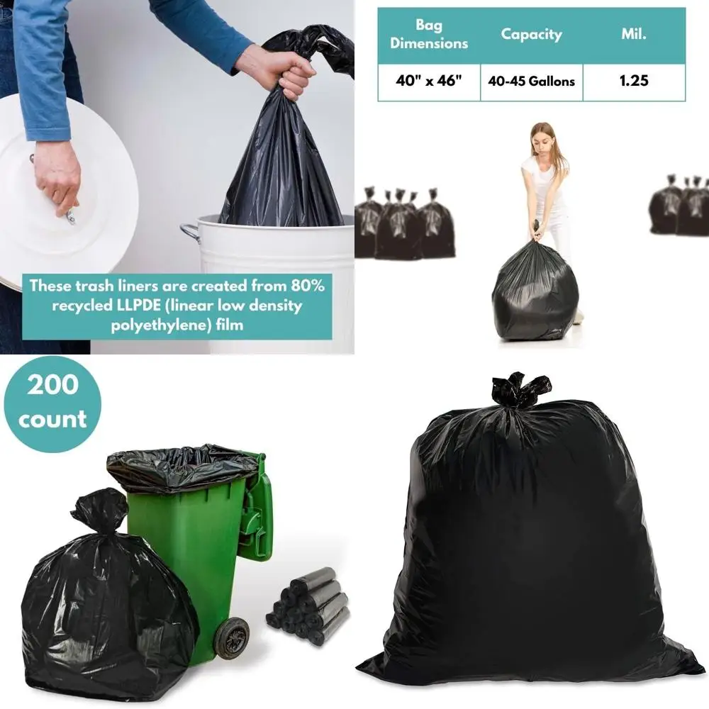 

Мешки для мусора черные, сверхпрочные, 40-45 галлонов, 200 штук, 1,25 мил, идеально подходят для кухни, склада, офиса и уборки помещений