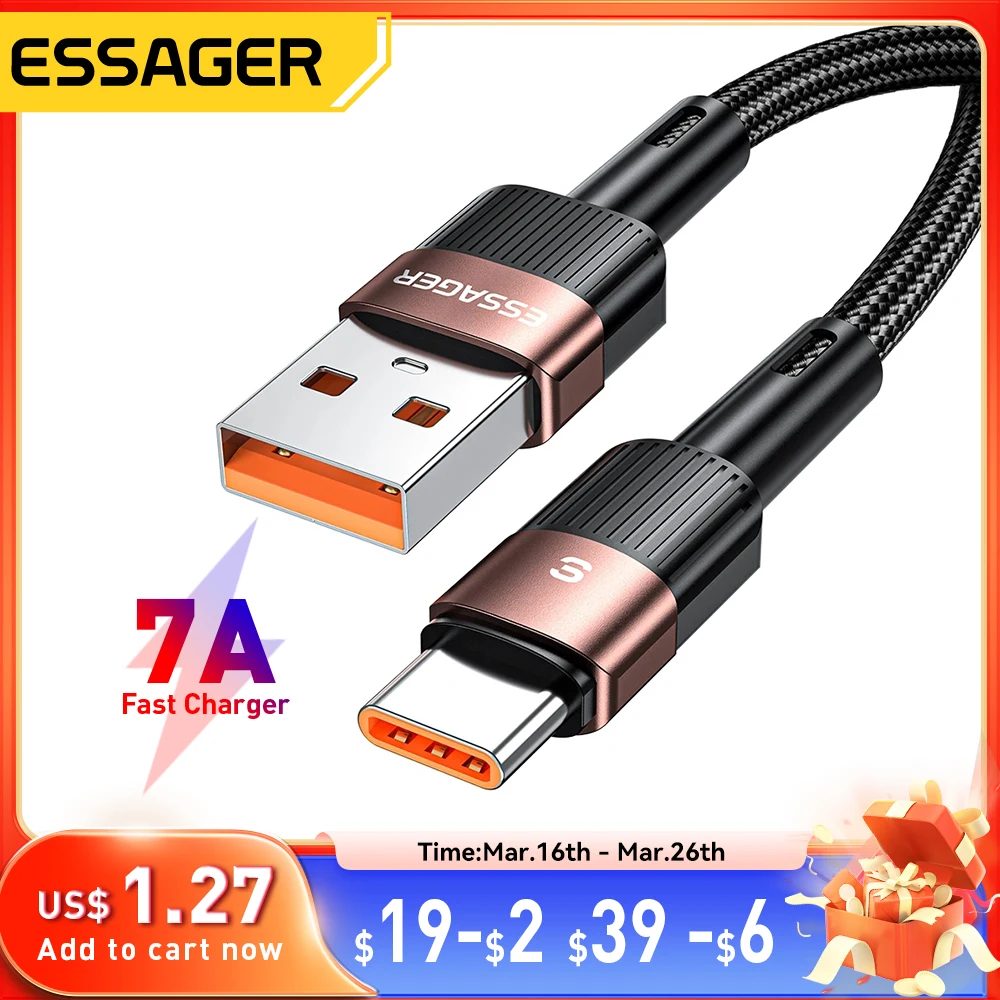 Essager 7A USB Type C Cable For Realme Huawei P30 Pro 66W Fast Charging Wire USB-C Charger Data Cord For Samsung Oneplus Poco F3