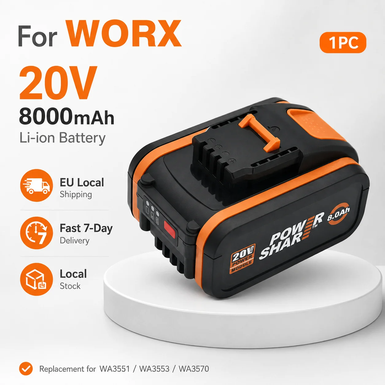 Image of Ersatzakku 20V Li-Ion für Worx WA3551 WA3553 WA3572, Hochleistungs-Akku-Pack für Bohrmaschine und Rasenmäher