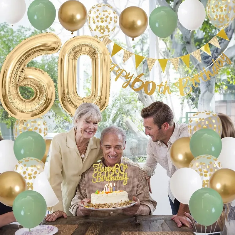 Salbei grün Gold weiß 60. Geburtstag Dekorationen für Geburtstag Luftballons alles Gute zum 60. Geburtstag Banner Kuchen Topper 60 Jahre altes Dekor – Detail 3