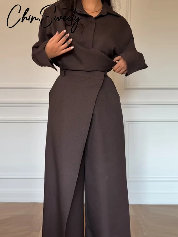 

Однотонные женские рубашки, брючные костюмы с длинным рукавом и отложным воротником, широкие брюки, женский комплект 2026, весенний шикарный комплект из 2 предметов, женский новый