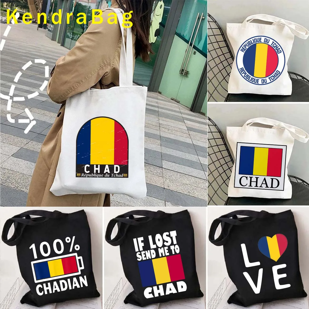 Chad Country Map Flag Chadian Saying Mud Ennedi Mountains Giraffe Love Heart Gifts Canvas Shoulder Tote Bag Harajuku Eco Handbag