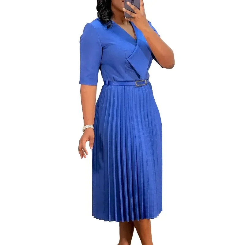 Elegant Office Ladies Pleated Dresses Half Sleeves Church Female Modest African Office Ladies Gowns Event Autumn Robes Work Wear