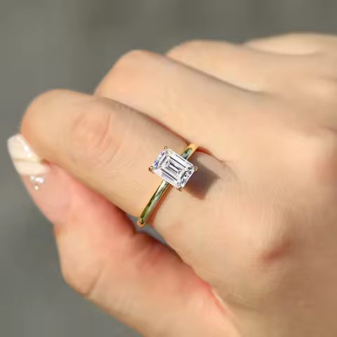 에메랄드 컷 모이사나이트 솔리테어 반지, 인증서 포함 14K 금도금, 925 스털링 실버 약혼 반지, 1ct-3ct