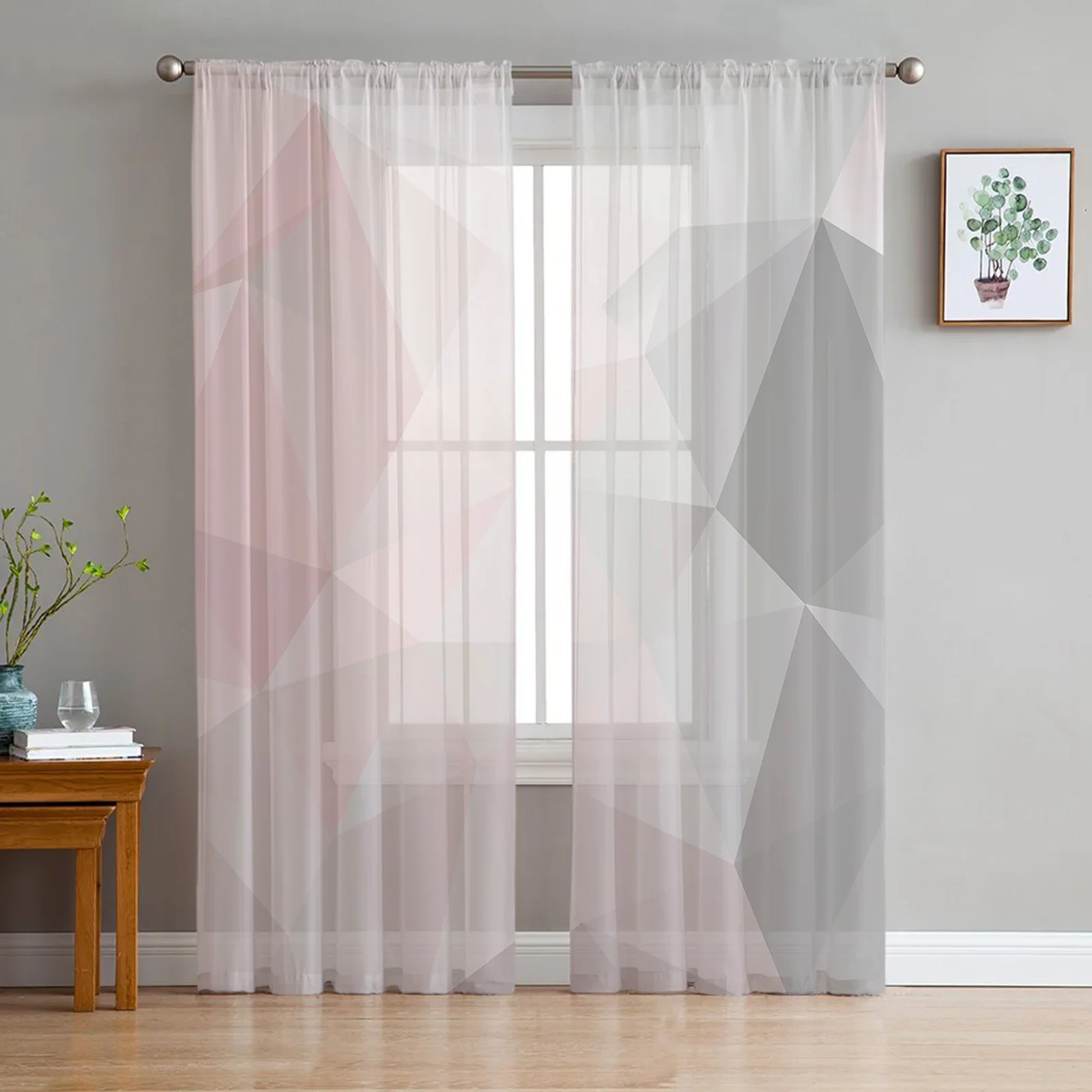 Geometric Pink Gray Gradient Triangle Sheer Curtains for Living Room Decoration Window Curtain Kitchen Tulle Voile Drapes