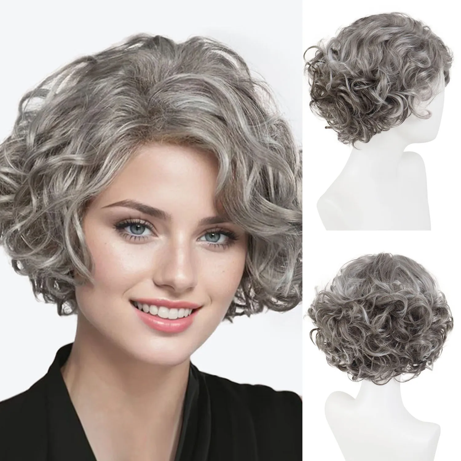 

Ombre Grey Wigs for Women Synthetic Short Curly Silver Gray Wig with Bangs Granny Old Lady Wig Daily Party Costume Halloween