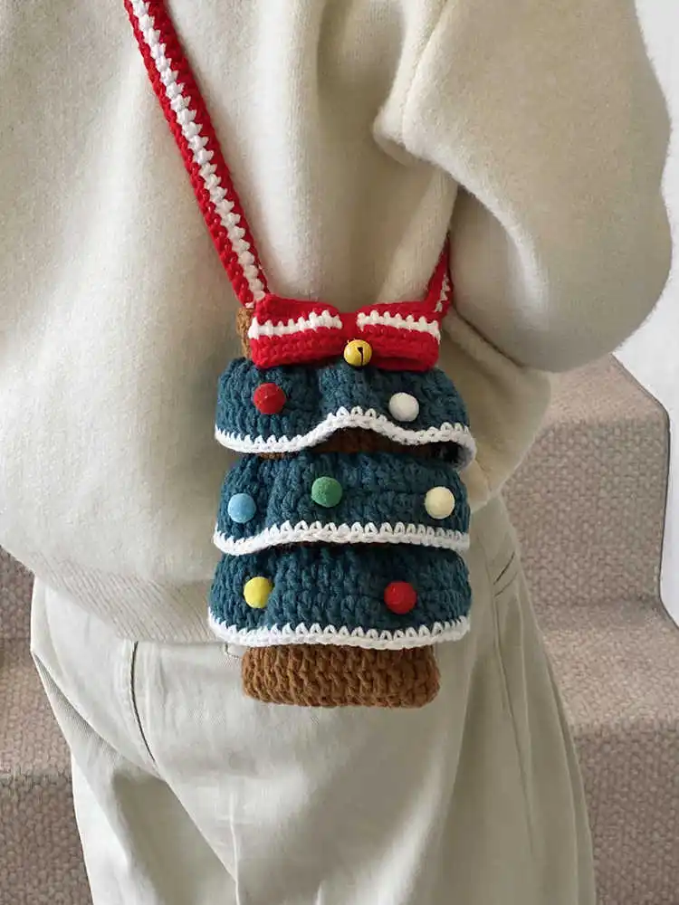 Lindo árbol de Navidad tejido bolso para teléfono móvil para mujer 2025 nueva moda chica bolsos de un solo hombro tipo bandolera bolsos versátiles