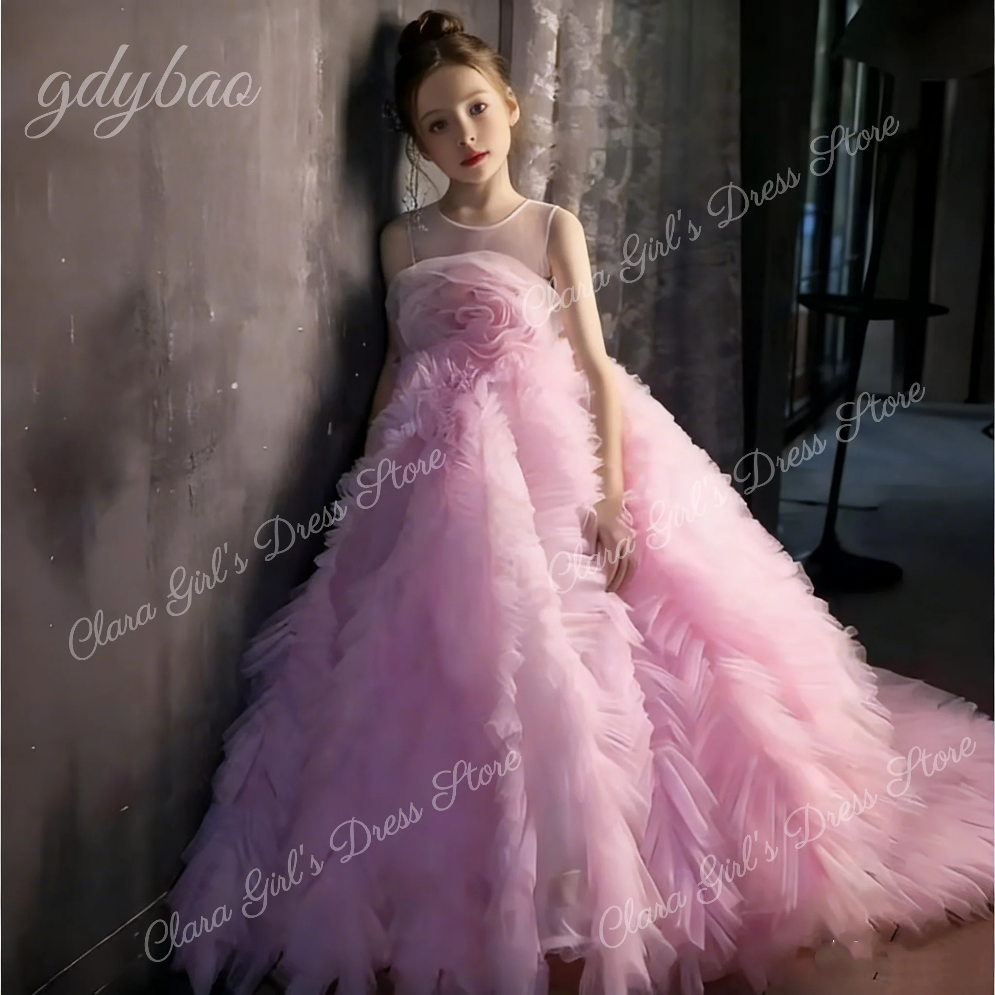 

Custom Elegant Pink Flower Girl Dress Wedding Lace Tulle Layered Long Dress Children's Evening Performance Dress