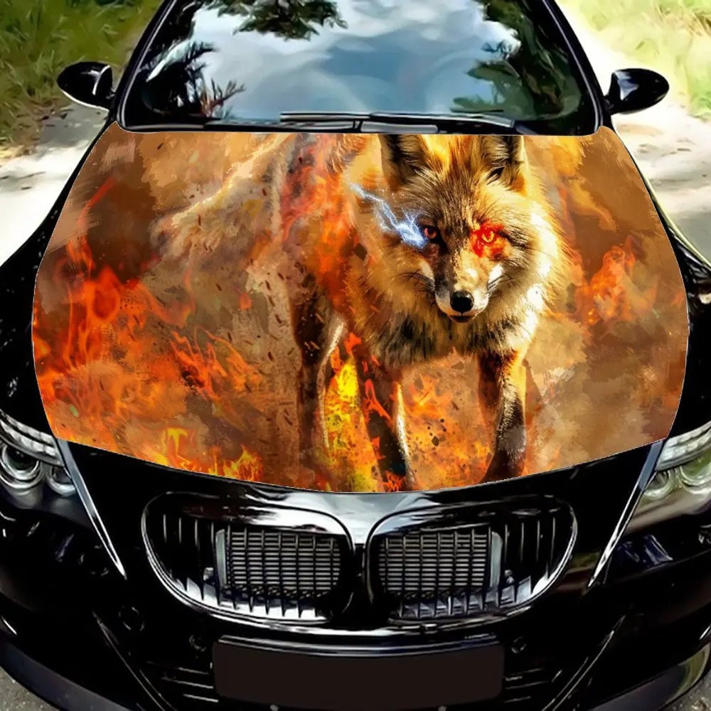 

Flame Fox with Red Blue Eyes Car Hood Vinyl Stickers Wrap Film Engine Cover Decals Sticker on Car Auto Accessories Decoration