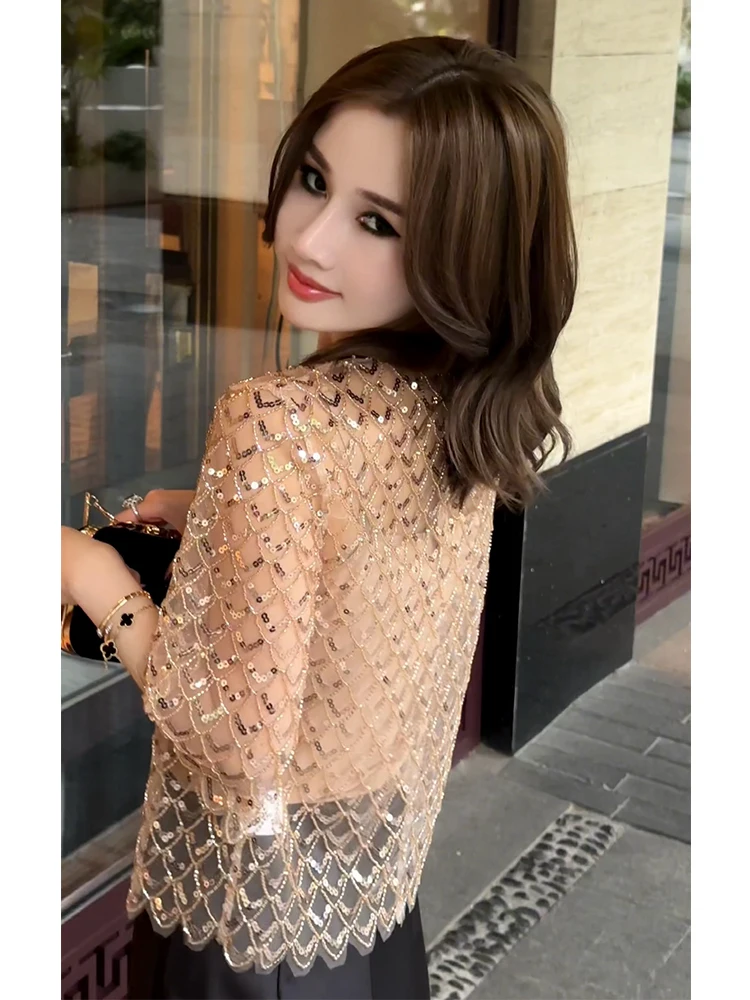 Luxury Shiny Elbow Sleeve Blouse Women Fish Scale Sequin Rhinestone O-neck Loose Tops Temperament Zipper Back Party Club