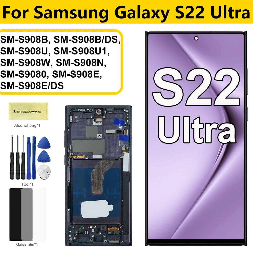 S908B S908U S908N Screen For Samsung S22 Ultra LCD Display Touch Screen Digitizer with Frame For Samsumg Galaxy S22Ultra 5G