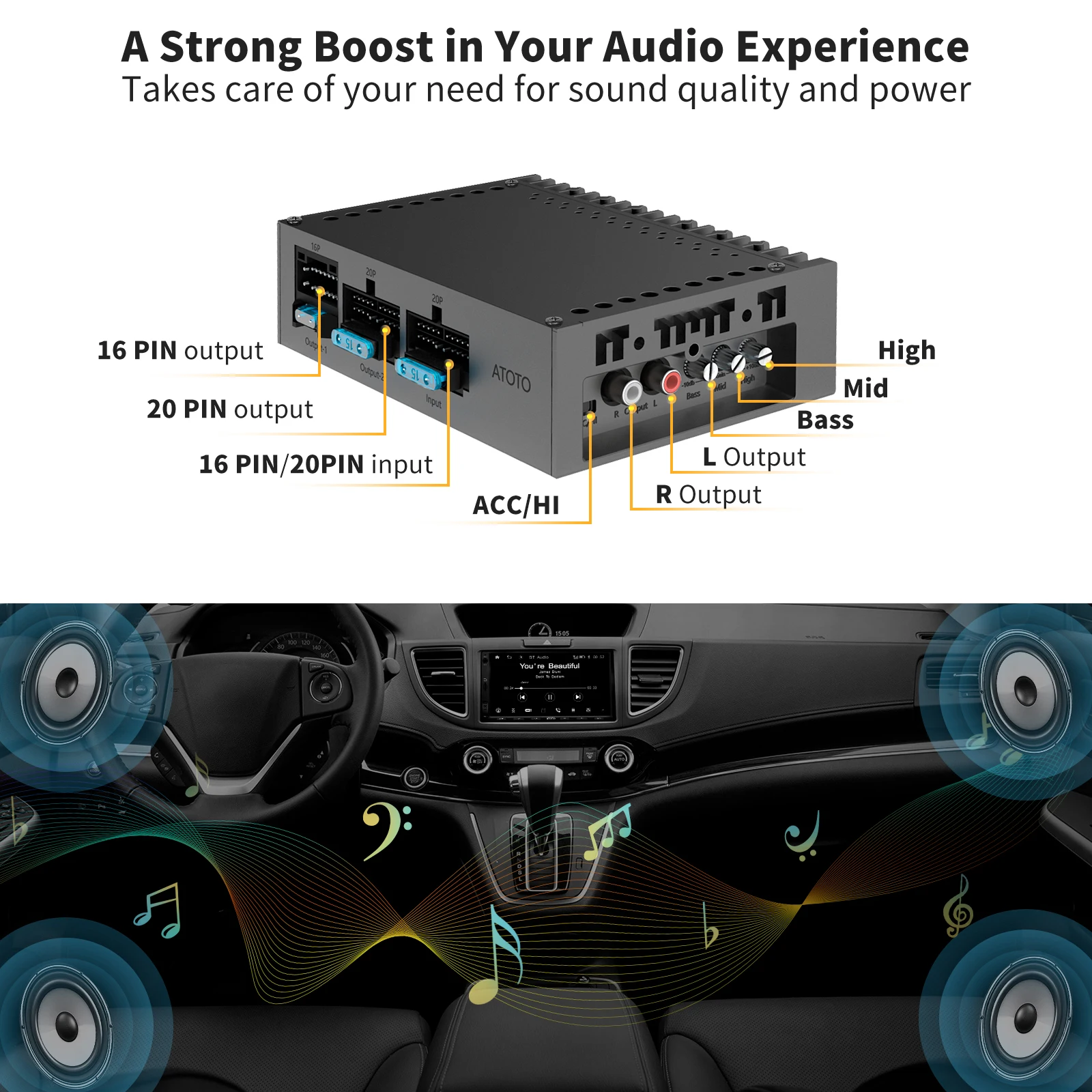 ATOTO Car Amplifier 4 Channel 400 Watts Max Power 2/4 Ohm Stable Class A/B Only Compatible With Selected ATOTO Car Radio