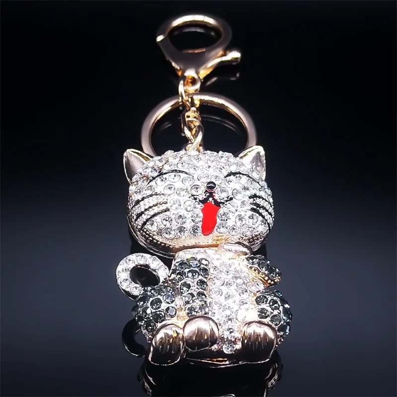 Cartoon Cat Keychain Rhinestone Gold Color Cute Kitty Keyring Holder Creative Gift Fashion Jewelry llaveros para mujer