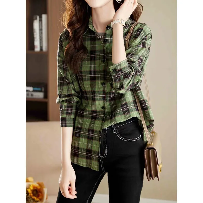 Loose Checked Shirt for Women 2023 Cotton Retro Commuting Polo-Neck Dovetail Single Breasted Shoulder Drop Long Sleeve Blouse