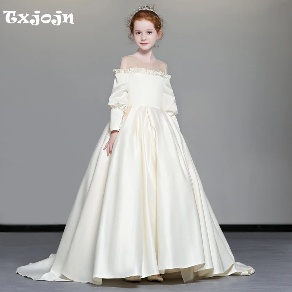 Girl's Satin Ball Gown Flower Girl Wedding Dress Christmas Princess Dress Child Performance Vestido Birthday Party Clothes 3-16Y